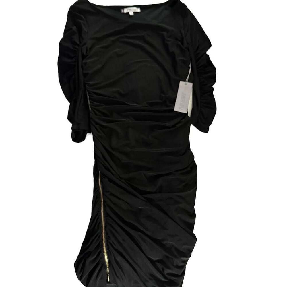 NWT Jennifer Lopez Ruched Black Midi Cocktail Dress with Gold Side Zipper, Med
